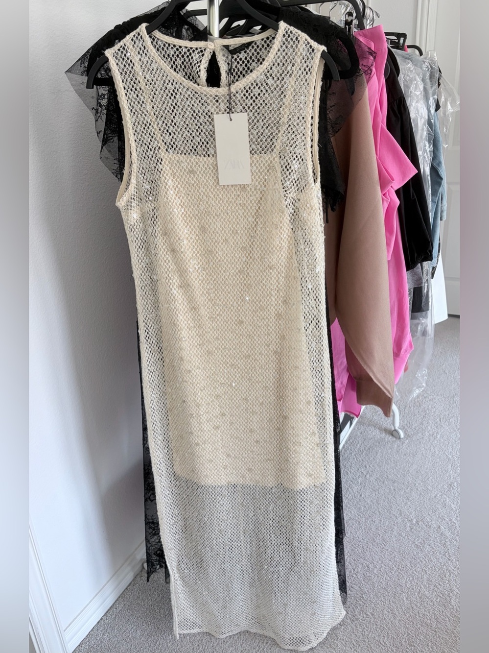 Zara Crochet Sequin Midi Dress Beige Large - Picture 11 of 16